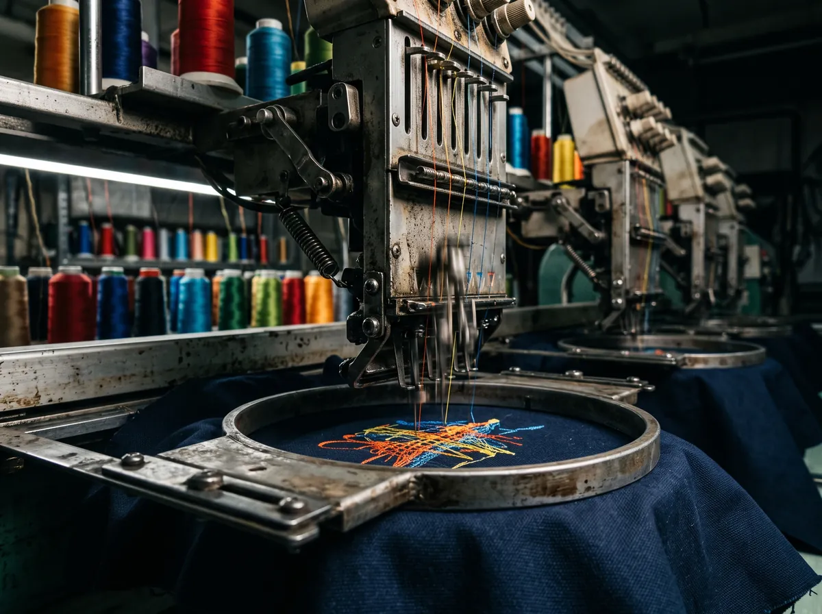 A multi-head commercial embroidery machine stitching a design