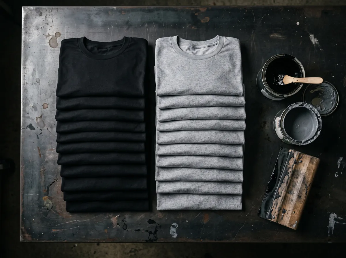 Folded blank garments staged on the work table before decoration